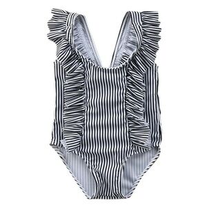 Baby Girl Ruffle Striped Swimsuit One Piece bathing suit Black Size 6-12 months